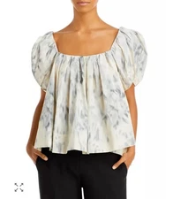 NWT Rebecca Taylor Tulip Sleeve Blouse SZ 0 Watercolor Print Gray Ivory 