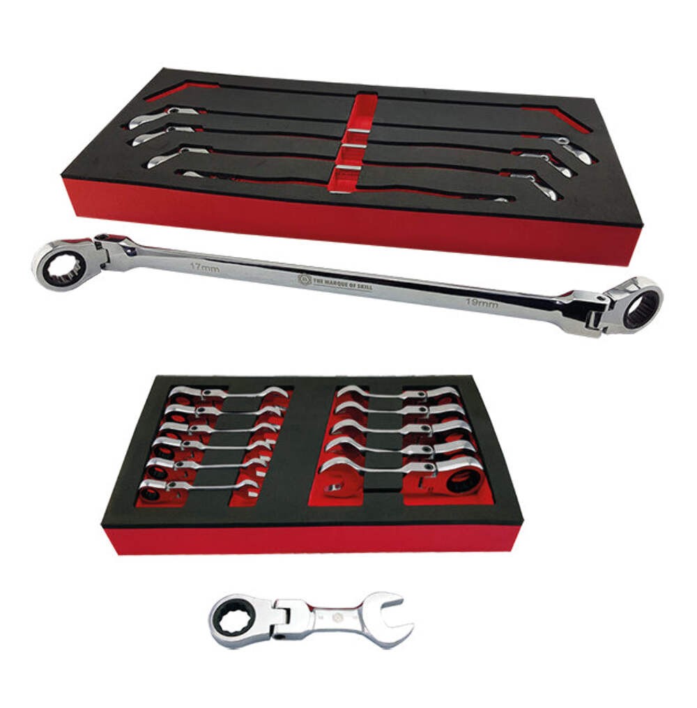 Extra Long Flexi Ratchet Ring Spanner Set + Flexi Stubby Ratchet Wrench Set