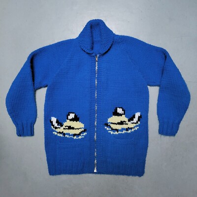 Vtg 60s Ski Cowichan Sweater Cardigan Ski Mobil Wool Shawl Collar