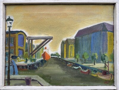 Expressionist Ships Boats IN City Canal View Industry Port Maritim Oil Painting