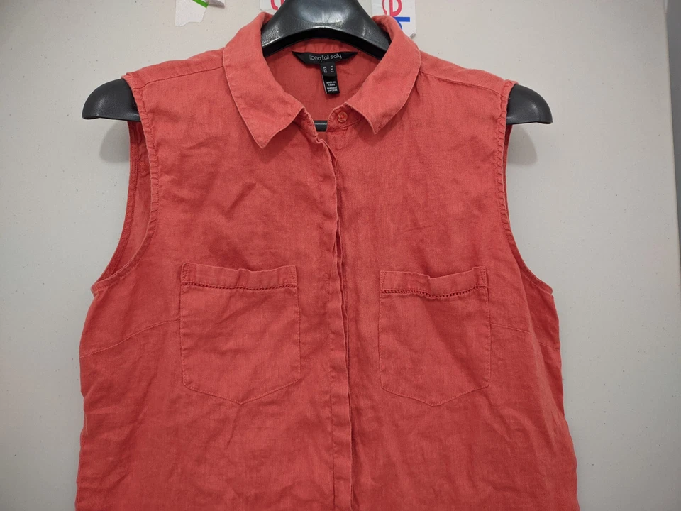 长高 Sally Top 女式 12 橙色无袖纽扣领 100% 亚麻 Pckt — 第 3/4 张图片