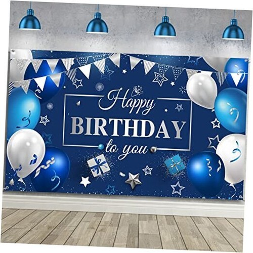 Happy Birthday Decorations Backdrop Banner, Navy Blue and Silver Birthday