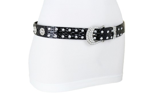 Women Belt Black Western Fashion Waist Jeans Pant Loop Flower Bling Charms S M - Picture 5 of 12
