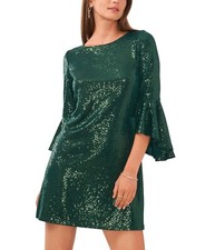 Vince Camuto Flounce 3/4 Sleeve Sequin Dress Women's Sz S Emerald Round Neck