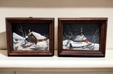 Vintage 3D Winter Scene Diorama Art Set Of 2 Framed Art  6” X 5”