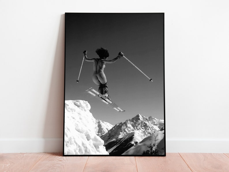Naked Woman Skiing Print, Black and White, Vintage Ski Poster, Nude