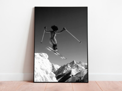 Naked Woman Skiing Print, Black and White, Vintage Ski Poster, Nude