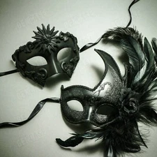 Black Couple's Masquerade Masks Set Party Costume Half Face Mask with Feather