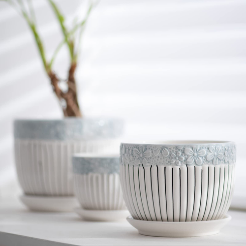 Grey Flower Pots,Texture Planter for Indoor Plants Set of 3 Ceramic Flower Po... - Picture 5 of 12