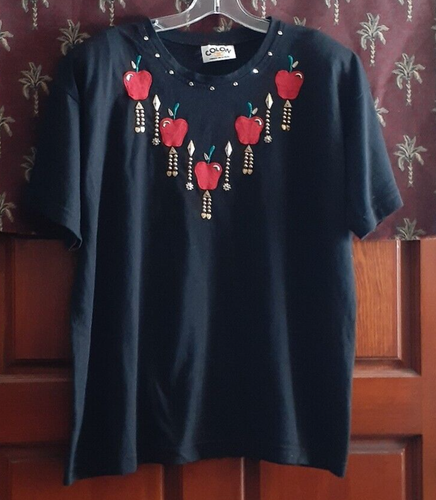 Vintage Teacher Blouse Embellished Applique Apples Shoulder Pads 80s - Picture 8 of 10