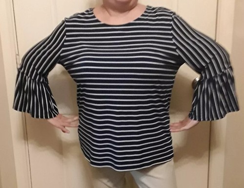 Chico's Blouse Women's Size 2 or XL Navy/White Stripes Boxy Top Bell Sleeves - Picture 6 of 14