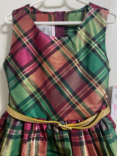 Bonnie Jean Girls Party Dress 12 Gold Metallic Plaid Christmas Holiday NEW w Tag - Picture 3 of 23