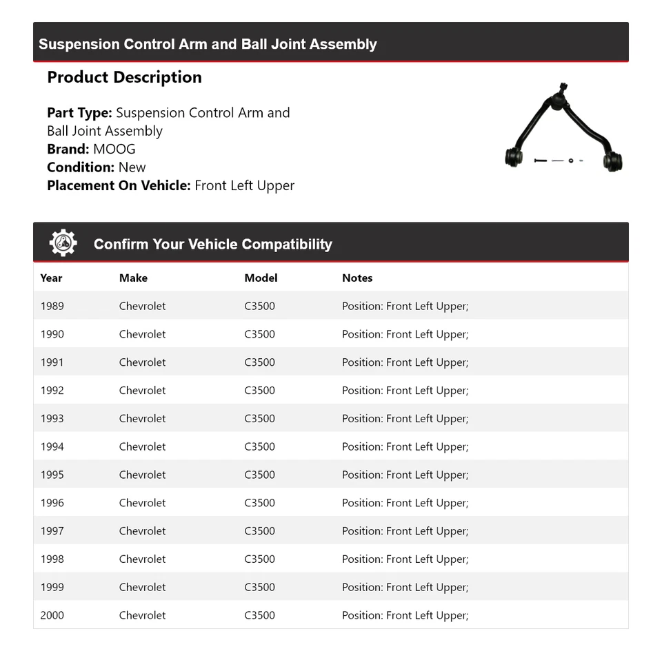 Para 1989-2000 Chevrolet C3500 braço de controle dianteiro esquerdo superior MOOG 1989 1990 1991 - Imagem 2 de 4