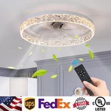 20" Modern Crystal Ceiling Fan Light Kit Flush Mount Dimmable w Remote Control