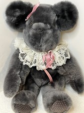 Vintage Jointed Grey Teddy Bear 17 Inch White Lace Collar Pink Bow