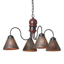 4-Arm Cambridge Chandelier Wood Metal Hanging Fixture, Rustic Red USA