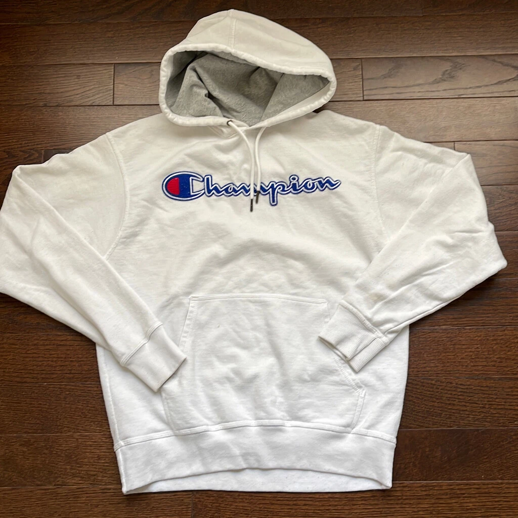 Champion Hoodie Sweatshirt. White. Size Medium
