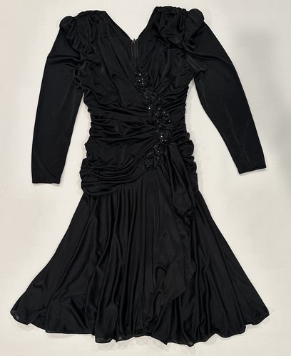 Filigrana Negro Drapeado Cintura Caída Vestido Cóctel-Noche Lentejuelas Almohadillas para el Hombro 8 - Imagen 5 de 11