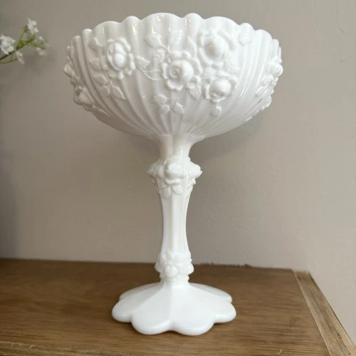 Vintage Fenton Milk Glass Cabbage Rose Compote Pedestal Dish 7.5 in Tall White