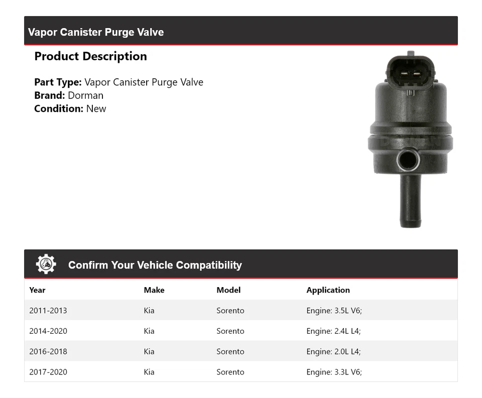 Válvula de purga de bote de vapor para Kia Sorento Dorman 2011-2020 2012 2013 2014 2015 Foto 2 de 4