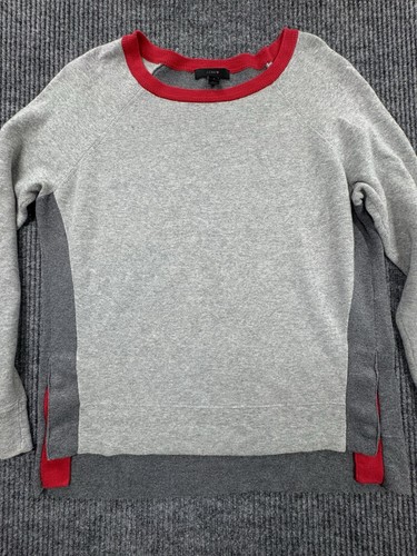 J. Crew Sweater Womens Small Gray Red Side Slit Colorblock Pullover 100% Cotton