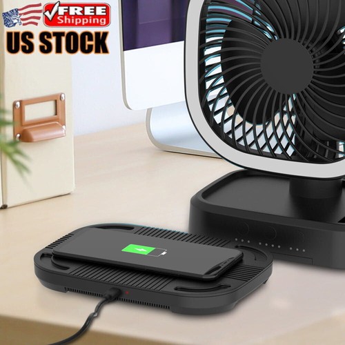 Rechargeable USB Fan w/ Wireless Charging Pad & Led Lighting 4 Speed Settings US