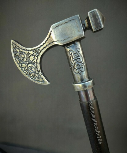 Solid Antique Pewter Axe Walking Stick Wooden Cane Gift Walking Stick Handmade - Picture 3 of 8