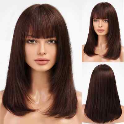 Long Straight Bob Human Hair Wigs with Bangs Dark Brown  display picture 1