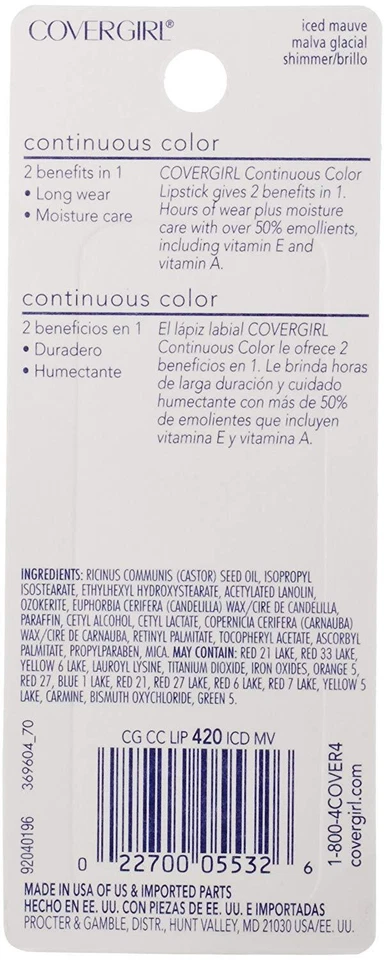 Paquete de 2 nuevos lápices labiales de color continuo CoverGirl, malva helada 420, botellas de 0,13 oz Foto 3 de 4
