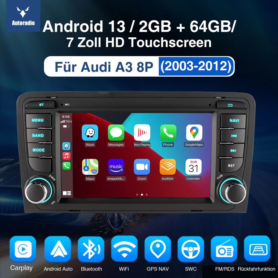 DAB+ 64G Für Audi A3 S3 RS3 8P 8PA Carplay Android13 Autoradio GPS Navi RDS WIFI - Bild 2 von 4