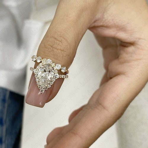 2.44 TCW Pear Cut Moissanite Bridal Set Engagement Ring 14K Solid Yellow Gold - Picture 4 of 9