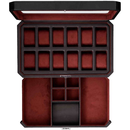 12 Slot Leather Watch Box with Valet Drawer - 12 Slot Luxury Watch Case Displ...