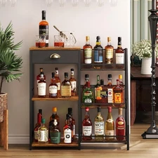 Liquor Cabinet Bar for Home with Drawer, 3-Tier Wine Rack Rustic Brown