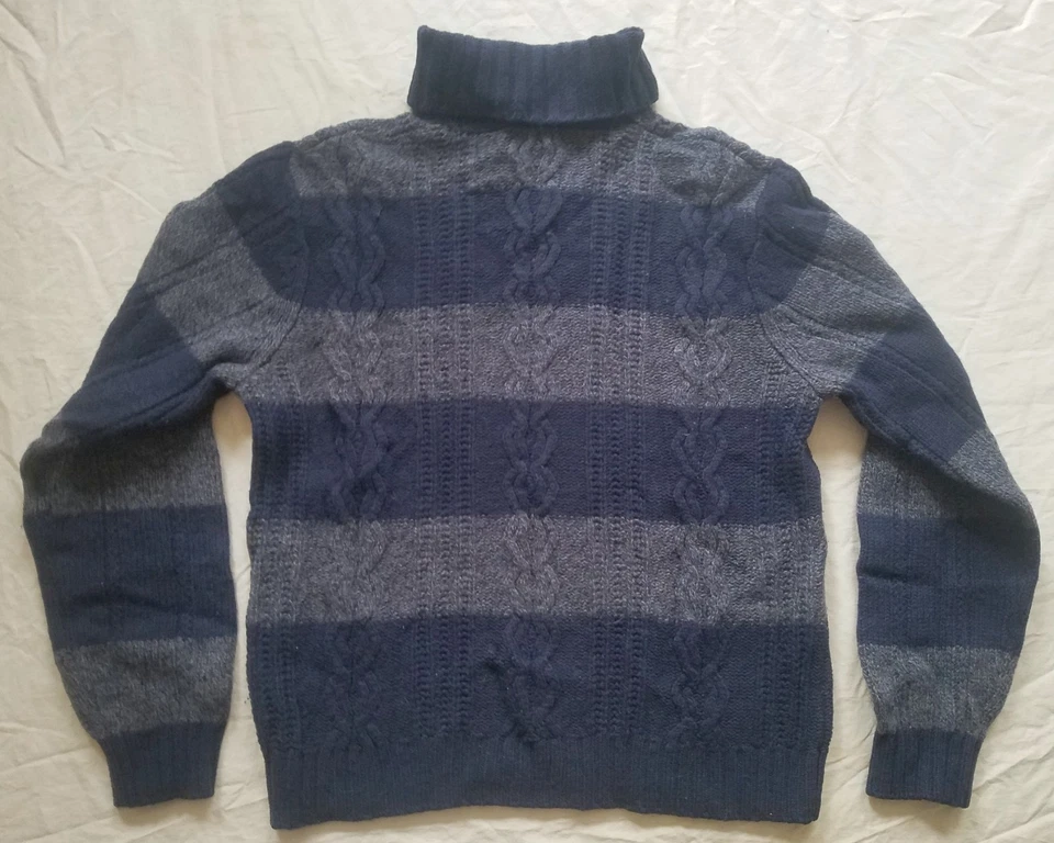 Suéter Pullover Lana Azul Gris Tejido con Cable Rayas Cuello Alto - Grande Para Hombre Foto 2 de 4