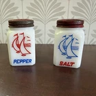 Hazel Atlas Nautical Salt Pepper Shakers White Milk Glass Red Blue Sailboat Vtg