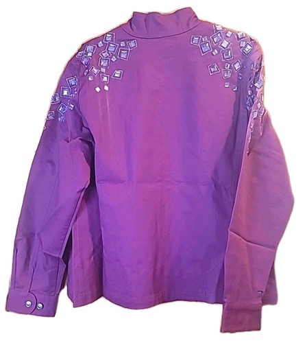 Bob Mackie Wearable Art Denim Jacket XL Magenta Square Jewel Embelished "READ" - Picture 2 of 24