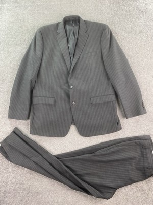 Chaps Suit 48 L Gray Wool Striped Premium Designer Classic Jacket Pants 36x32