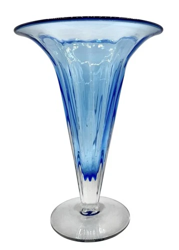 Vintage Blenko Blown Glass 8721L Azure Blue Trumpet Vase Optic 2000-2003 11”