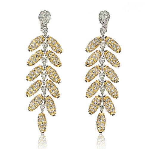 18K Two Tone 48.00cttw Diamond Feather Dangling Earrings