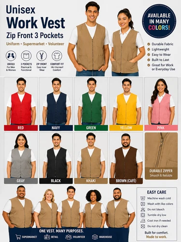 Unisex Work Vest Zip Front 2 Pockets Poplin  Uniform Supermarket Volunteer - product listing photo