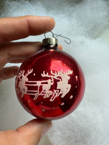 SHINY BRITE Santa Claus Sled & Reindeer Stencil Vintage Glass Christmas Ornament - Picture 3 of 6