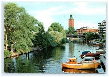 River Boats Canal Waterfront City Hall Tower Nordic Stockholm Sweden Postcard