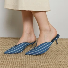 Tibi Dana Striped Twill Mules Womens 38.5 Blue Stripe Low Heel Shoes Satin