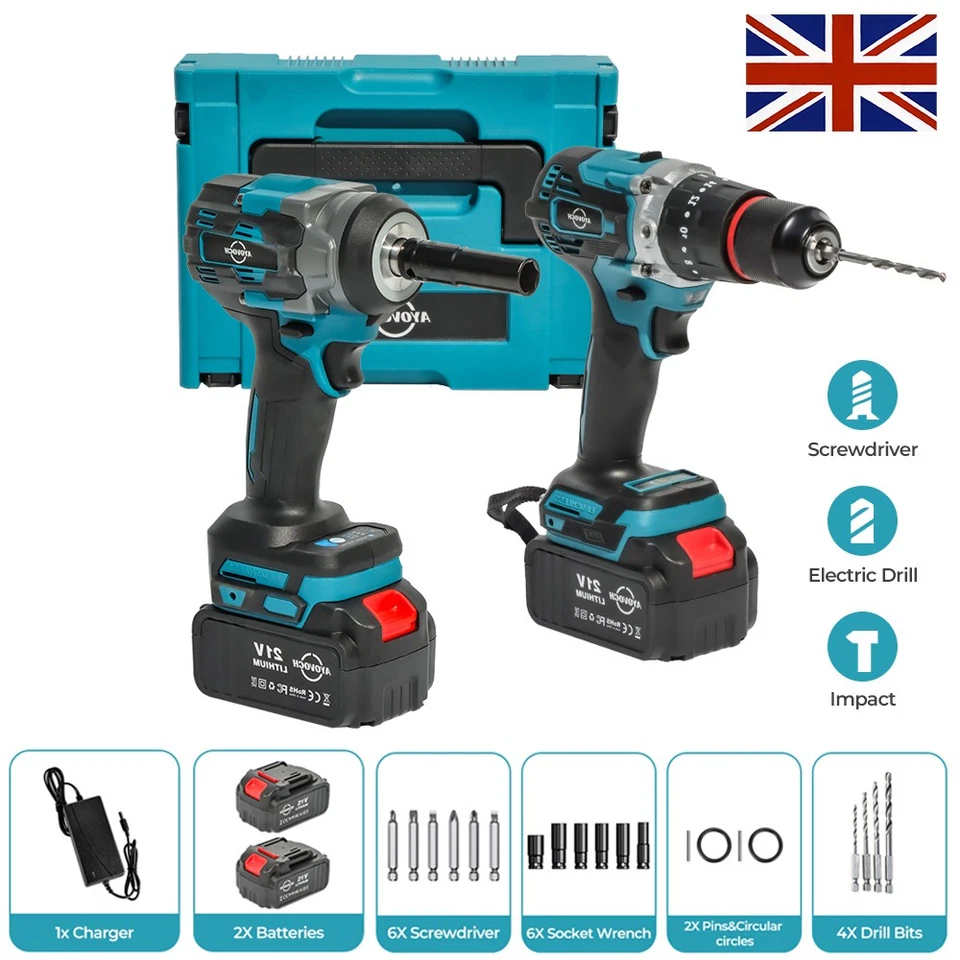 AYOVOCH Cordless Impact Wrench+ Cordless Drill Driver Combi Drill Brushless Electric Set
