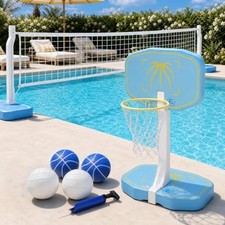 2-in-1 Pool Volleyball Net Pool Basketball Hoop