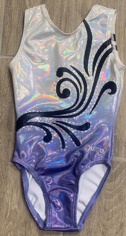 Quatro Child Intermediate CINT leotard NWOT purple white hologram rhinestone
