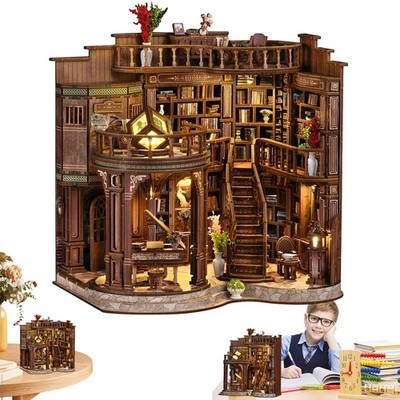 3D Miniaturhaus Book Nook DIY Kit Holzpuzzle LED Beleuchtung Bücherregal Deko