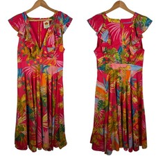 Farm Rio Tropical Jungle Midi Dress Medium Pink Ruffle V-Neck Fit & Flare Summer