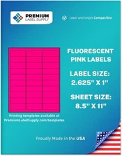 Fluorescent Pink Address Labels 2.625x1 Inch, Neon Stickers, 15000 Labels