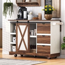 K&K 55.5" Farmhouse Kitchen Island with Drop Leaf, Kitchen Storage Island with